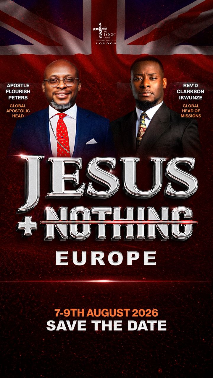 Jesus + Nothing Europe 2026 conference flyer featuring Apostle Flourish Peters and Rev'd Clarkson Ikwunze