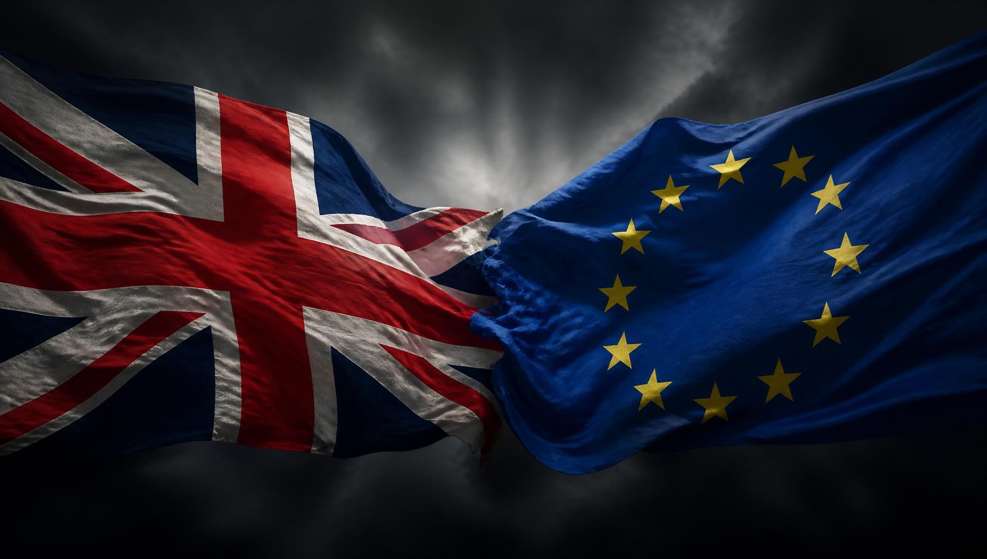 European Union and Union Jack flags meeting in the middle