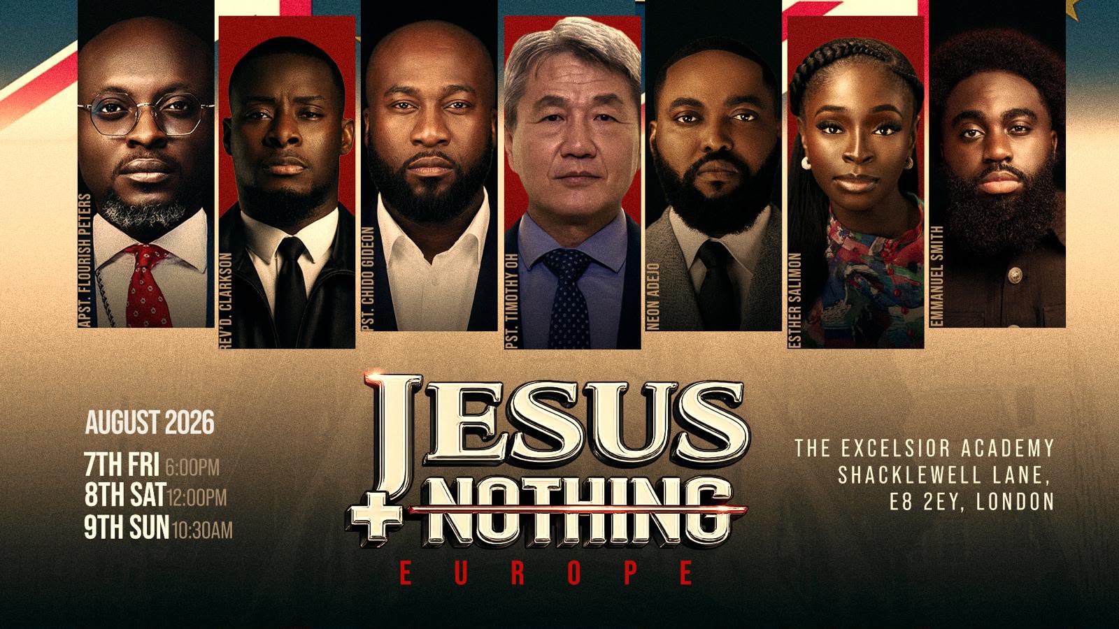 Jesus + Nothing Europe 2026 conference flyer featuring the speakers and event details